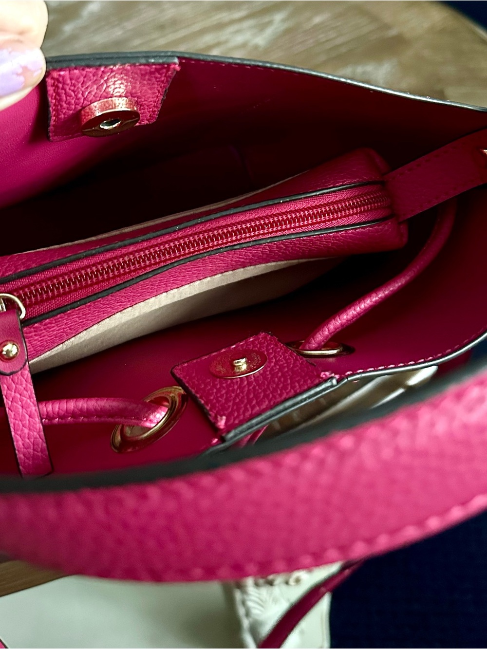 Nanette Lepore Hot Pink Pebbled Vegan Leather Bucket Bag with Scarf - Picture 4 of 5